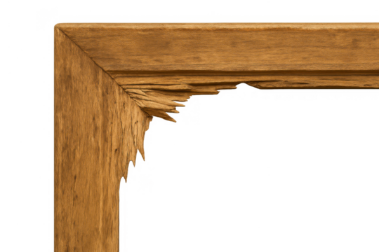 Wooden frame corner with damaged and splintered wood, showing rustic texture and weathered decay, transparent background