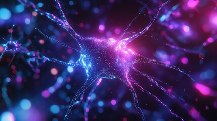 Glowing neuron cells creating intricate brain network connections