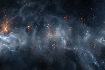 Abstract Digital Illustration of Celestial Space with Luminous Geometric Shapes and Stardust on Black Background