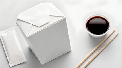 White Chinese Takeout Box with Soy Sauce and Chopsticks on a Gray Surface