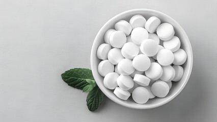 White Round Pills in Bowl with Mint Leaves Overhead View Studio Shot