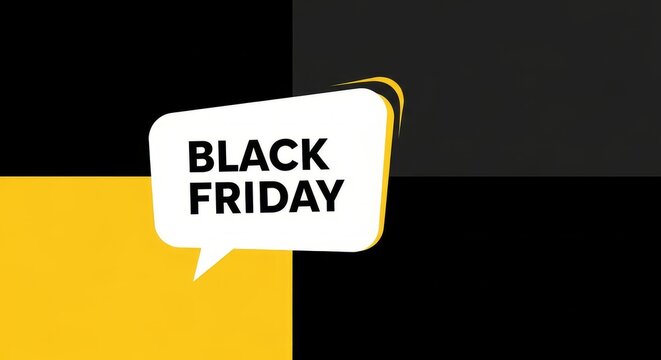 Black friday text in a white speech bubble on a yellow and black color block background image
