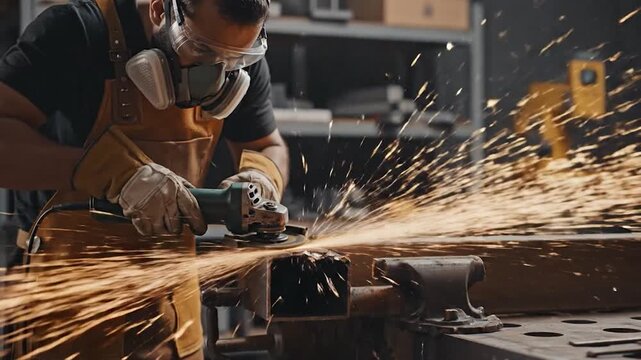 A worker grinds metal, sparks flying, wearing protective gear. Industrial scene with tools