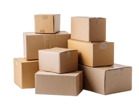 Stacked cardboard boxes for shipping and storage.