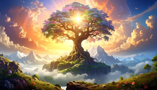 A vibrant, fantastical tree atop a floating island, bathed in golden sunlight. Mountains and clouds form a picturesque backdrop - Powered by Adobe