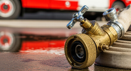 Close-up of wet fire hose equipment with shining droplets, professional firefighting tools ready for action, emergency services, water safety, prevention