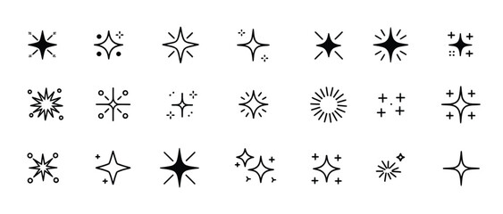Magic light twinkle star illustrations in sketch doodle style, featuring glitter bursts, spark outlines, glowing sparkles, and celestial shine icons — ideal for posters, branding, and whimsical graphi