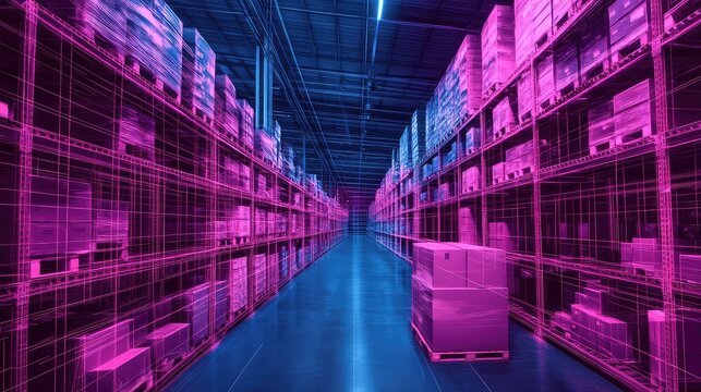 Digital warehouse managing inventory with wireframe technology