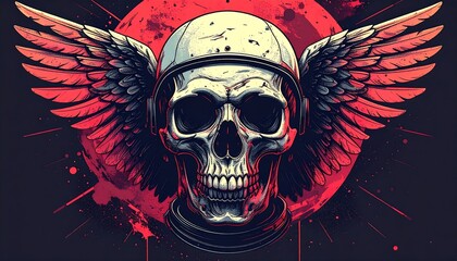 A skeletal head with a helmet and wings, set against a red circular background. Dark, gritty style