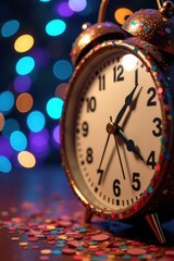 Vintage alarm clock with bokeh lights and confetti