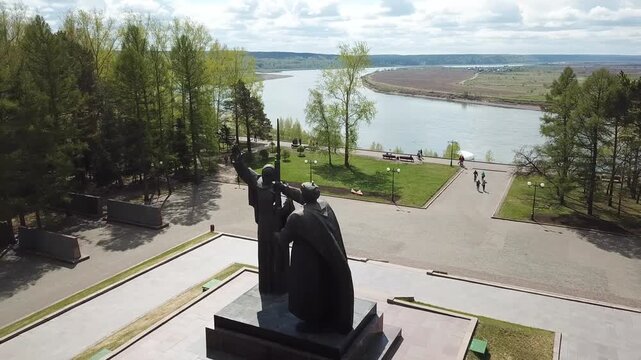 Aerial view. Motherland monument and Eternal flame in Tomsk, Siberia, Russia.