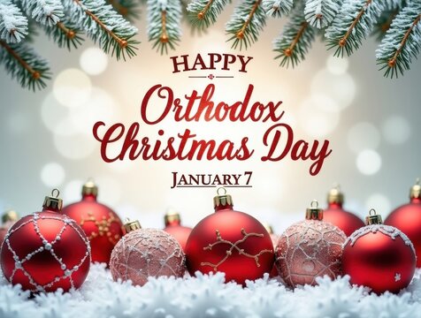 Happy orthodox christmas day january 7th with festive ornaments and snow