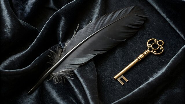 Antique Gold Skeleton Key And Black Feather Quill Pen On Dark Satin Fabric