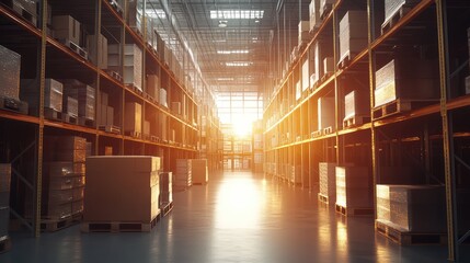 Industrial warehouse interior with pallet racks storing goods at sunrise