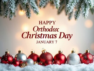Happy orthodox christmas day january 7 with festive ornaments and snow