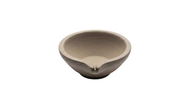 Small laboratory crucible for heating substances isolated on transparent background, used in chemistry and metallurgy experiments