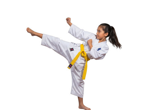 Young girl karate kid kicking martial arts training yellow belt dojo sport activity exercise fitness isolated on transparent background