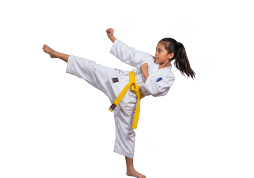 Young girl karate kid kicking martial arts training yellow belt dojo sport activity exercise fitness isolated on transparent background