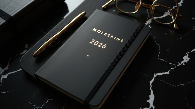 Moleskine 2026 planner with glasses and pen on marble surface