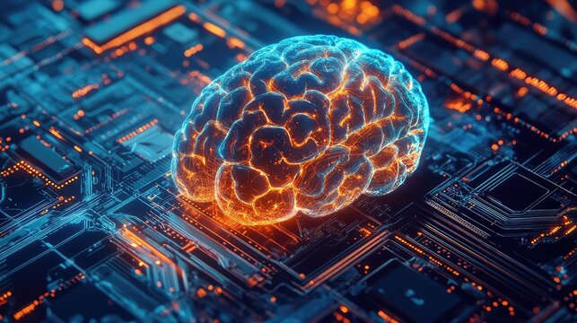 Artificial intelligence brain glowing on circuit board