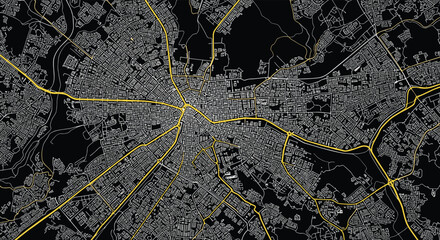 A captivating overhead abstract map illustrates a sprawling metropolitan urban area with its intricate network of interconnected streets and prominent major roads.
