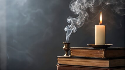 Burning Candle On Stack Of Old Books Casting Light And Smoke In Dark Room