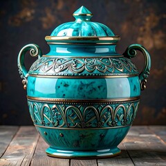 Decorative teal urn with gold accents on a wooden table, artistic style