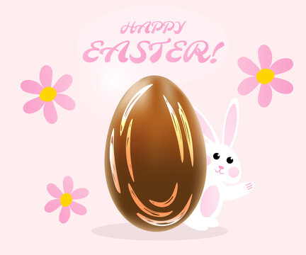Happy Easter greeting card with chocolate egg, flowers and cute bunny. Flat vector illustration 