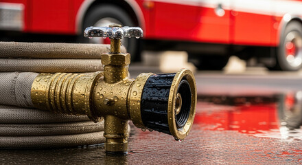 Essential fire fighting equipment featuring a gold valve connection with water droplets, ready for action and ensuring safety with a fire truck backdrop