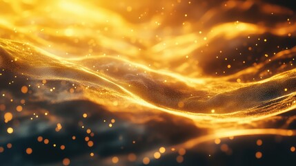 Golden glowing particle waves flowing digital abstract background