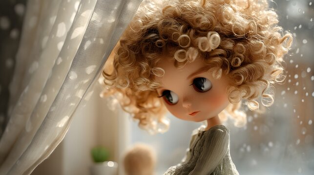 Sweet Doll with Curly Hair Gazing Through a Rainy Window - Powered by Adobe
