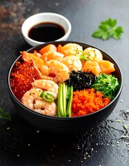 A vibrant sushi bowl showcases diverse seafood and garnishes like bright salmon roe, seaweed, and pickled ginger, presented elegantly