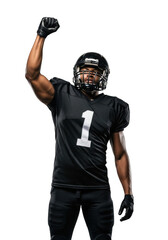 Aggressive football player celebrating victory with raised fist stock photo png image, sports athlete isolated on transparent background