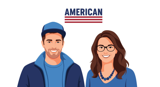 A friendly cartoon man and woman, dressed in blue, smiling cheerfully under the word \.