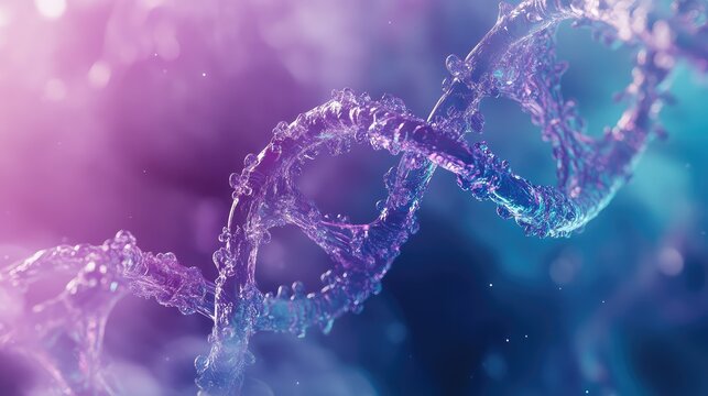 Dna double helix structure with liquid particles and abstract background