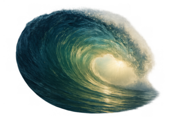 Powerful ocean wave curling, forming a classic tube, ideal for surfing and water sports, transparent background