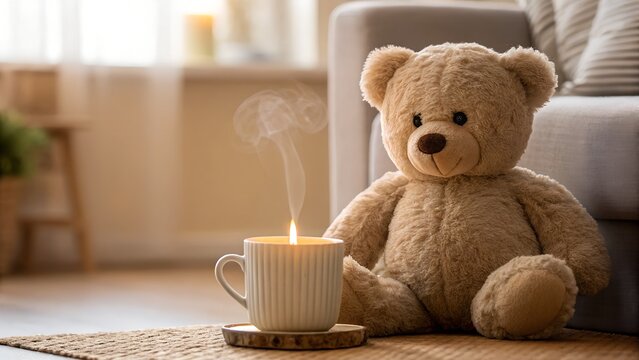 Cozy Teddy Bear with Steaming Candle in White Mug on Woven Mat in Living Room Soft Light - Powered by Adobe