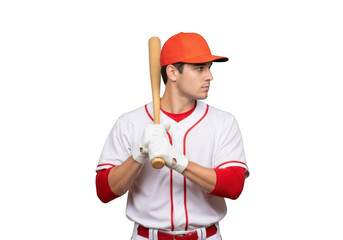 Professional baseball player with bat in uniform ready to swing action pose portrait photography stock image isolated on transparent background