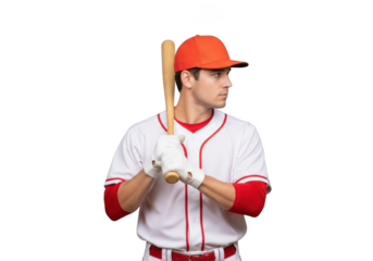 Professional baseball player with bat in uniform ready to swing action pose portrait photography stock image isolated on transparent background