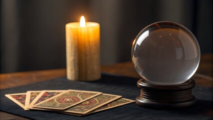 Crystal Ball And Tarot Cards Illuminated By Candlelight On Dark Fabric Background