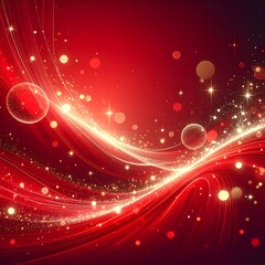 A vibrant, swirling red and gold abstract art piece with flowing lines, sparkling lights, and bokeh effects