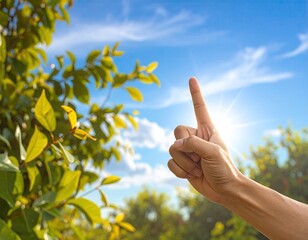 Hand Reaching Toward Sunny Sky Among Green Leaves and Foliage