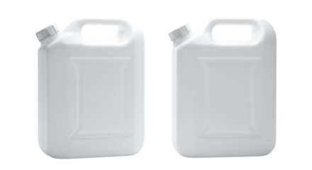 Two white plastic jerrycans for transporting liquids isolated on transparent background, perfect for storing water or fuel in a safe way