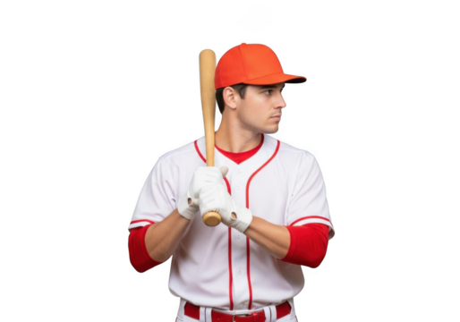 Professional baseball player with bat in uniform ready to swing action pose portrait photography stock image isolated on transparent background