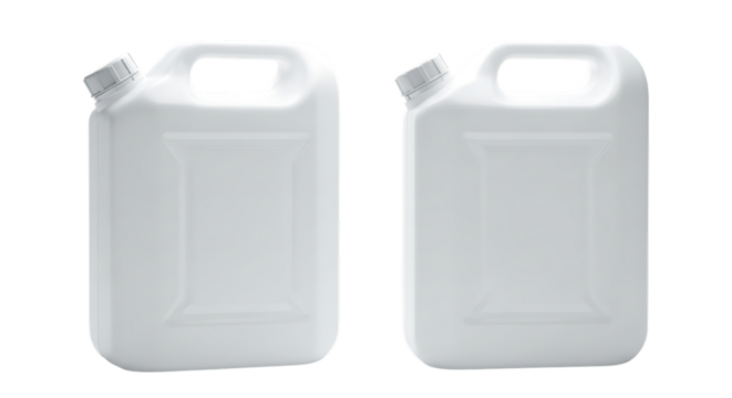 Two white plastic jerrycans for transporting liquids isolated on transparent background, perfect for storing water or fuel in a safe way