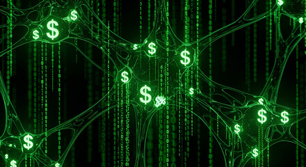 Obraz premium Financial Neural Network Money Flowing Through a Matrix of Interconnected Nodes