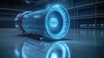 physical jet engine in a high-tech hangar, beside it floats a perfectly synced, glowing blue wireframe hologram of itself, a "digital twin" concept, data overlays projected around it, polished 