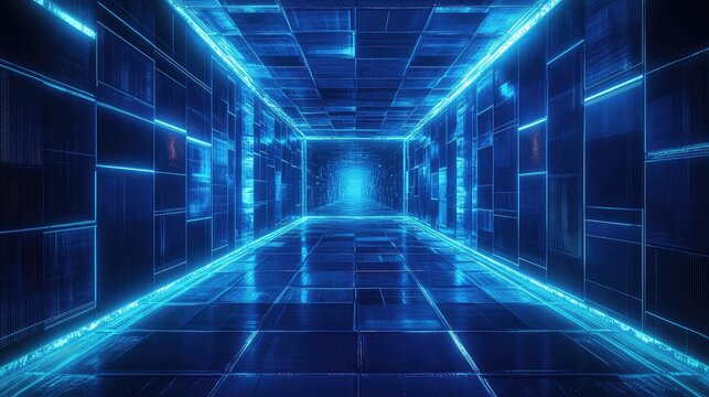 Abstract blue digital tunnel creating futuristic data network
