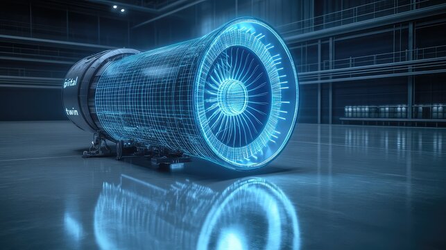 physical jet engine in a high-tech hangar, beside it floats a perfectly synced, glowing blue wireframe hologram of itself, a "digital twin" concept, data overlays projected around it, polished 