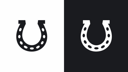 Lucky horseshoe emblem, good fortune symbol and positive omen in black and white icon set